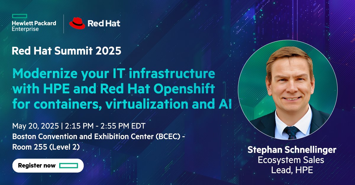 HPE_Alliances's tweet image. Gain full control of your data and infrastructure with a modern hybrid cloud platform. Join Stephan Schnellinger at @RedHatSummit to explore how HPE and Red Hat OpenShift offer flexibility for VM and container workloads. Learn more: hpe.to/6015NTdut
#HPEAlliances #RHSummit…