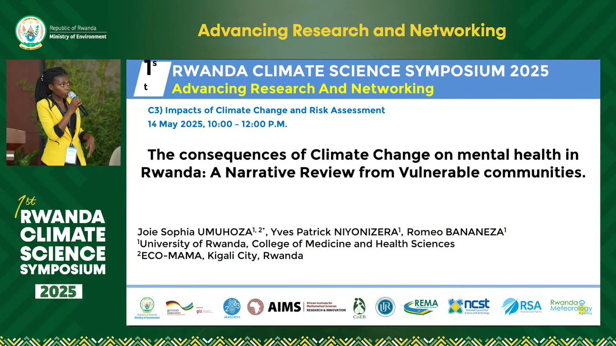 ECOMAMA000's tweet image. Proud moment for ECO-MAMA! 
Our Founder @JoieSophiaU  presented at the 1st Rwanda Climate Science Symposium on:
 &quot;Consequences of Climate Change on Mental Health: A Review from Vulnerable Communities.&quot;

Mental health must be part of the climate conversation. 
#EcoMama