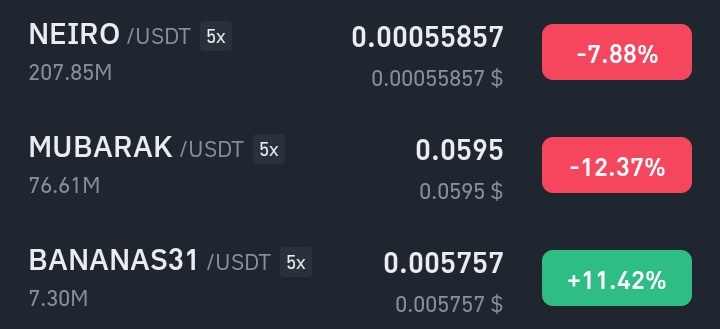 $NEIRO
#MUBARAK
#BANANAS31

Güncel son durum 🫡

NEIRO ve MUBARAK boğa coinleri. Biraz daha salar ve fırsat verirlerse ucuzdan hemen geri alacağım bilginize... 📌