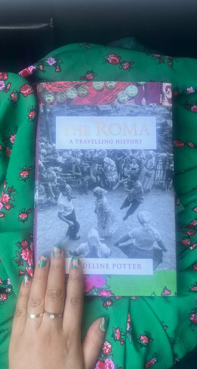 Well, my nail tech was shocked that for once I didn’t go for oxblood, midnight blue, or raven black. But my nails now match the cover of ‘The Roma’ and the Romani skirt, which is the bottom border of the cover too, in celebration of publication next week! 📚 💚❣️💙