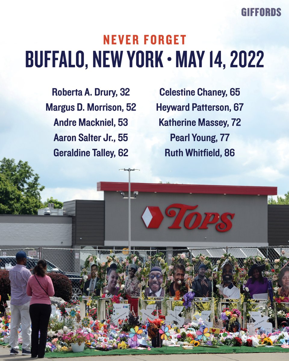 Three years ago today, a white supremacist shot and killed 10 people and injured 3 others at a Tops supermarket—the only grocery store in a predominantly Black neighborhood in Buffalo, NY.

Our hearts are with the victims, survivors, &amp; their families as we work to disarm hate.