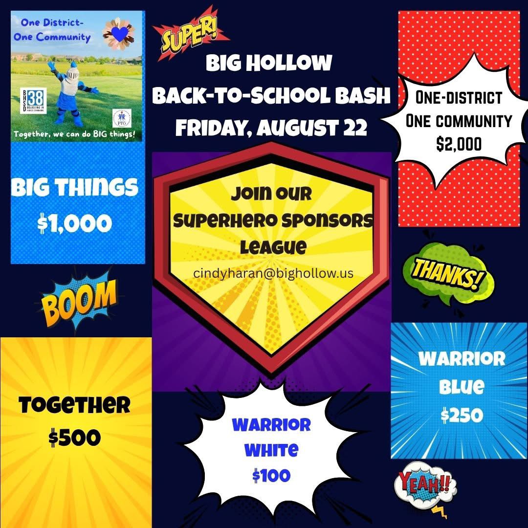 Join our SUPERHERO SPONSORS LEAGUE

THE BASH welcomes THOUSANDS of people 
It's a SUPER place to get your business while supporting our BH students, families &amp; staff

Details &amp; registration - bighollowpto.ptboard.com/formvw?store=5…

Together, we can do BIG things!
#onedistrictonecommunity