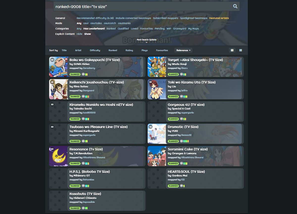 only 13 TV Size maps were ranked in 2008.

wait… so anime and osu were invented at the same time??
that's actually crazy!