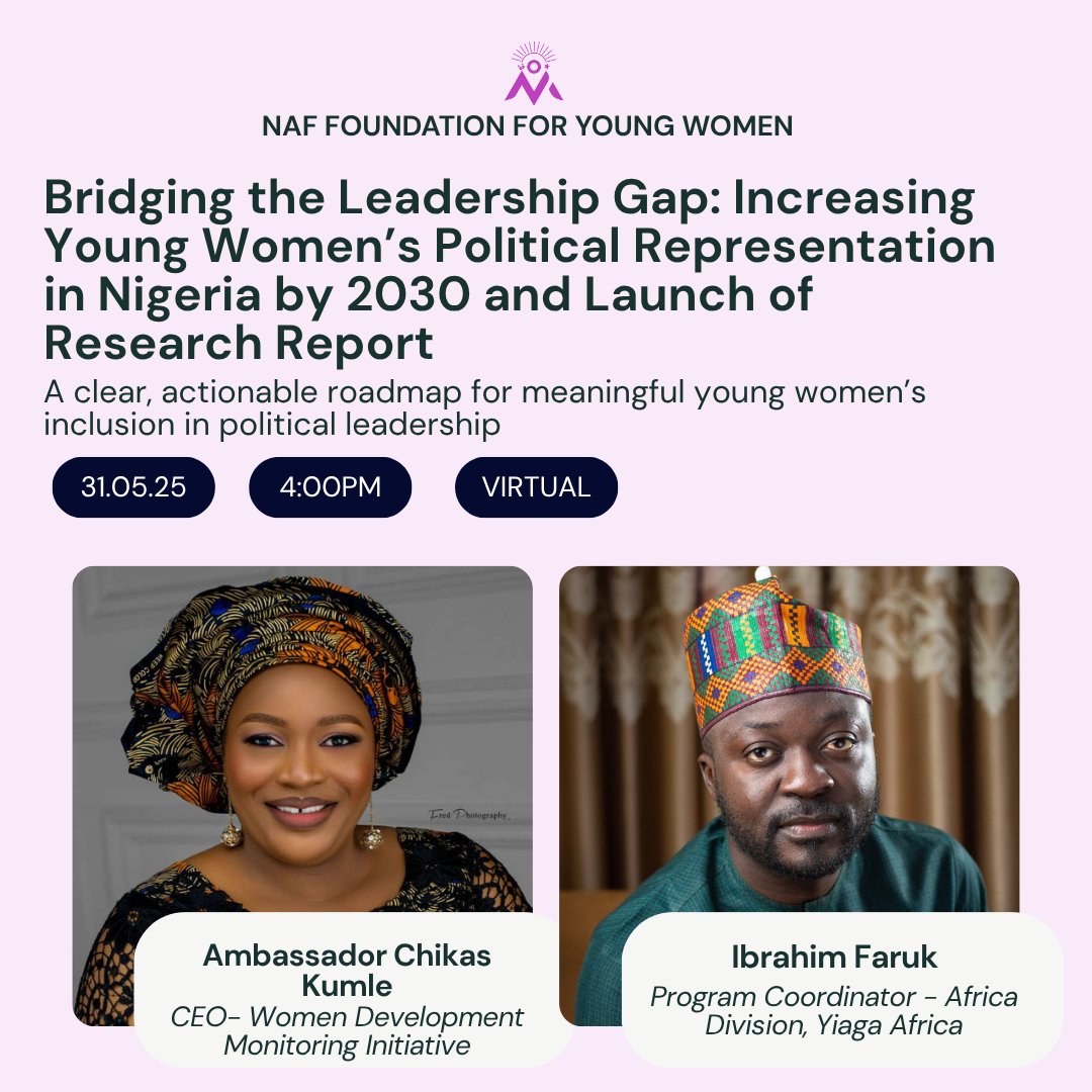 iKNOW Politics (@iknow_politics) on Twitter photo 📢 Join us for "Bridging the Leadership Gap: Increasing Young Women’s Political Representation in Nigeria by 2030" — a webinar + research report launch! 🇳🇬
🗓️ May 31, 2025
🕓 4–5:30PM WAT
🔗 Register now iknowpolitics.org/en/event/bridg…
Let’s shape the future of leadership! 📢 Join us for "Bridging the Leadership Gap: Increasing Young Women’s Political Representation in Nigeria by 2030" — a webinar + research report launch! 🇳🇬
🗓️ May 31, 2025
🕓 4–5:30PM WAT
🔗 Register now iknowpolitics.org/en/event/bridg…
Let’s shape the future of leadership!