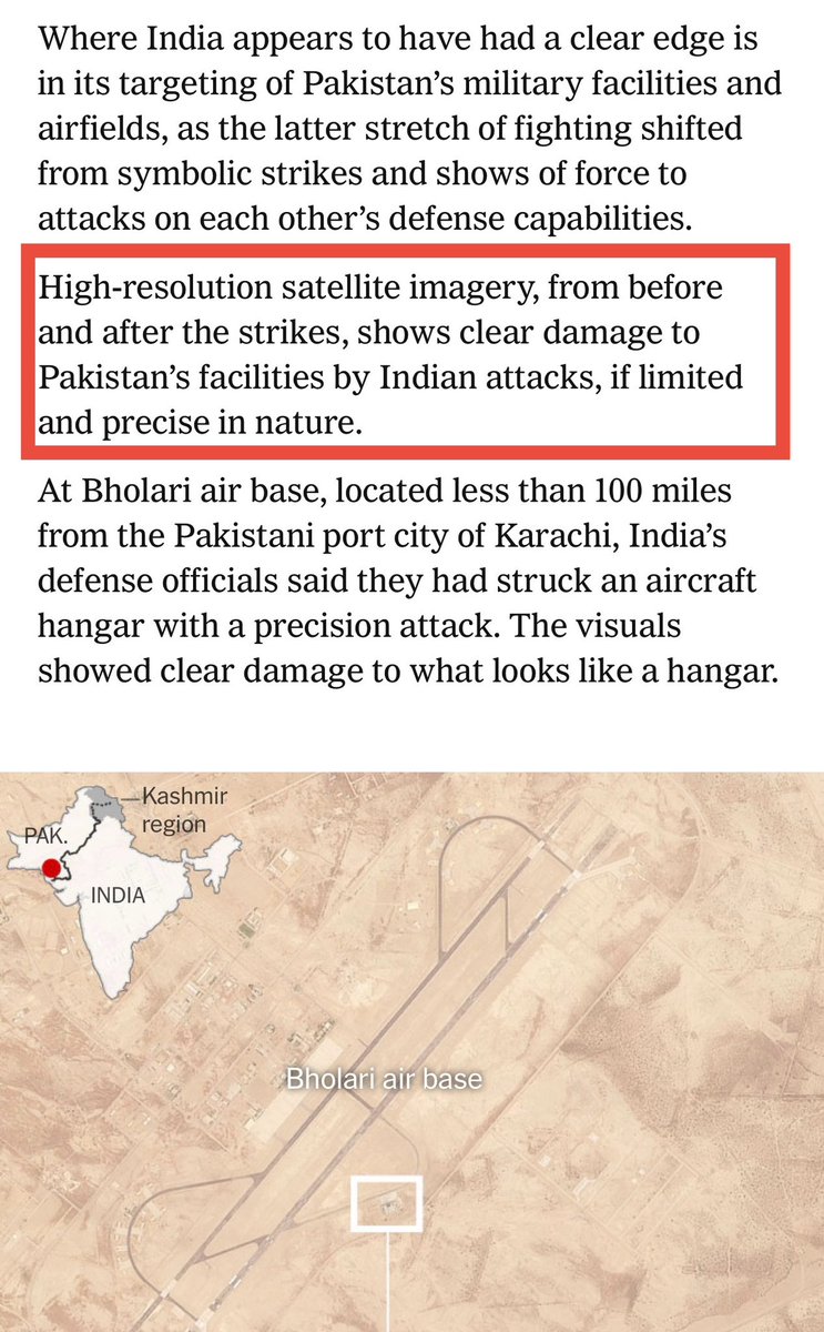 Iyervval's tweet image. The “narrative” has turned decisively. The Islamabad Times (also known as New York Times) says today 
• Damage mostly inflicted by India on Pakistan
• Clear evidence of damage by India to Pakistan
• No clear evidence of damage by Pak
• Imagery does not validate Pak claims