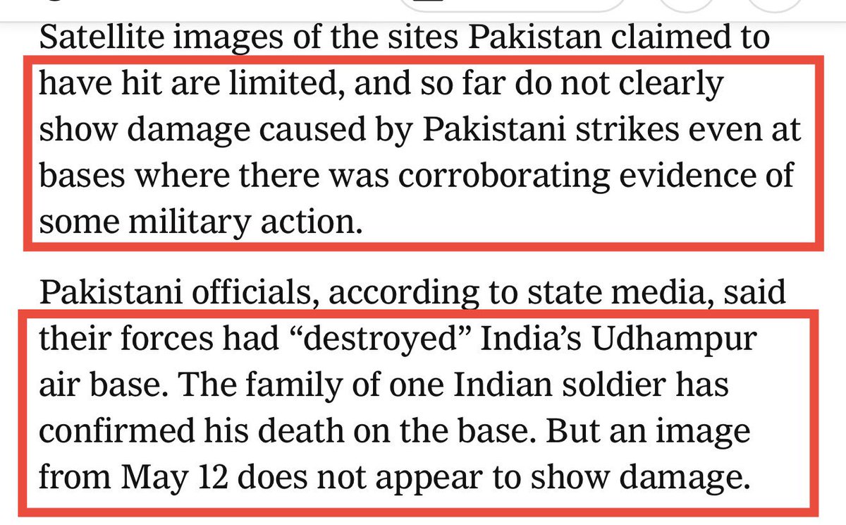 Iyervval's tweet image. The “narrative” has turned decisively. The Islamabad Times (also known as New York Times) says today 
• Damage mostly inflicted by India on Pakistan
• Clear evidence of damage by India to Pakistan
• No clear evidence of damage by Pak
• Imagery does not validate Pak claims