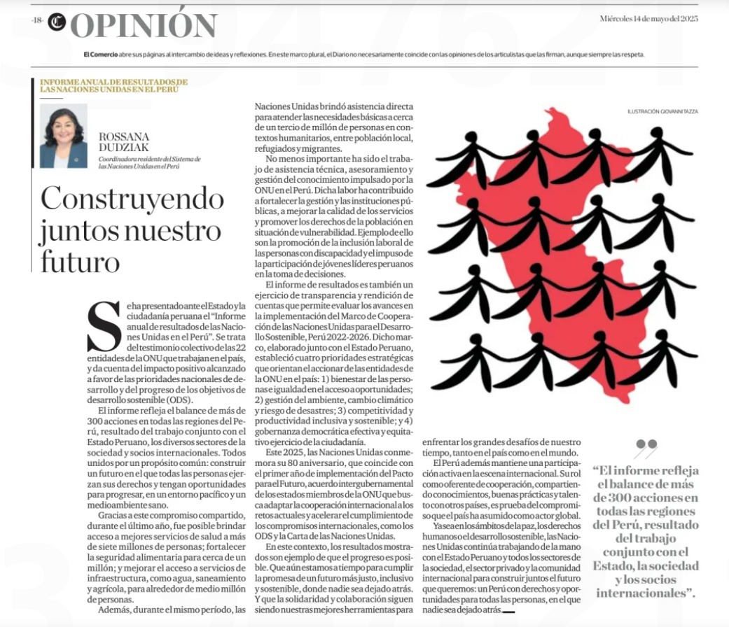 Naciones Unidas Perú (@onuperu) on Twitter photo "El informe de resultados es el testimonio de las 22 entidades 🇺🇳 que trabajan en el país y da cuenta del impacto alcanzado a favor de las prioridades nacionales de desarrollo y los #ODS"
Artículo de la coordinadora residente de 🇺🇳🇵🇪 en <a href="/elcomercio_peru/">El Comercio</a>:
elcomercio.pe/opinion/colabo… "El informe de resultados es el testimonio de las 22 entidades 🇺🇳 que trabajan en el país y da cuenta del impacto alcanzado a favor de las prioridades nacionales de desarrollo y los #ODS"
Artículo de la coordinadora residente de 🇺🇳🇵🇪 en <a href="/elcomercio_peru/">El Comercio</a>:
elcomercio.pe/opinion/colabo…