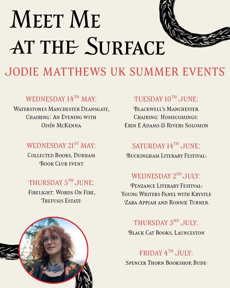 Following the paperback release of Meet Me At The Surface, Jodie Matthews (<a href="/JodieRMatthews/">Jodie Rhian Matthews</a> ) will be joining a series of brilliant events across England this Spring/Summer 🌿📚

Here’s where you can catch her:

Wednesday, 14th May
 📍 <a href="/WaterstonesMCR/">Waterstones Manchester Deansgate</a> 
 ✨ Chairing: An Evening