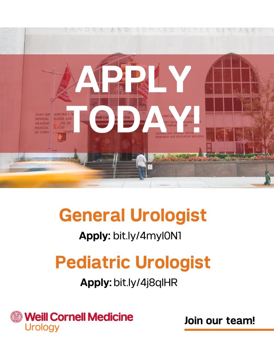 Weill Cornell Medicine Urology (@wcmurology) on Twitter photo Interested in general or pediatric urology? We are thrilled to share two exciting opportunities to join the Urology Department at <a href="/WeillCornell/">Weill Cornell Medicine</a> <a href="/nyphospital/">NewYork-Presbyterian</a>!
Learn more and apply today!
▪️General Urologist: bit.ly/4myl0N1
▪️Pediatric Urologist: bit.ly/4j8qlHR Interested in general or pediatric urology? We are thrilled to share two exciting opportunities to join the Urology Department at <a href="/WeillCornell/">Weill Cornell Medicine</a> <a href="/nyphospital/">NewYork-Presbyterian</a>!
Learn more and apply today!
▪️General Urologist: bit.ly/4myl0N1
▪️Pediatric Urologist: bit.ly/4j8qlHR