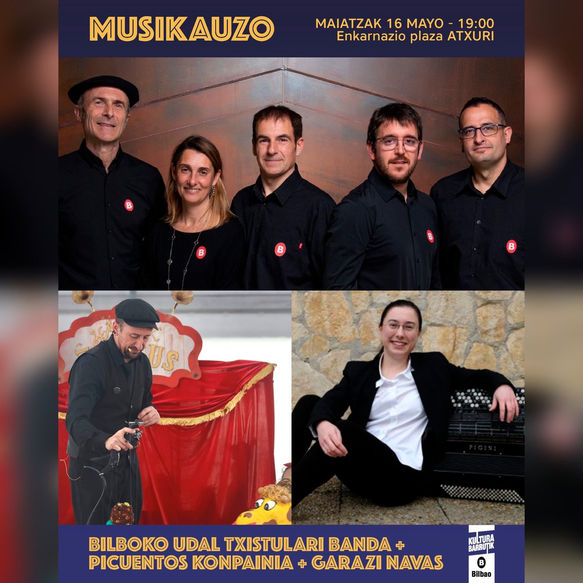 🥁🪗🎭 MUSIKAUZO 2025 - "HARIAK", emocionante espectáculo audiovisual interpretado por la #BandaMunicipaldeTxistularisdeBilbao junto a la acordeonista Garazi Navas y los títeres de la Compañía Picuentos.

📅 16 de mayo 
⌚️ 19:00 
📍 Plaza de la Encarnación (Atxuri)

#BilbaoMusika