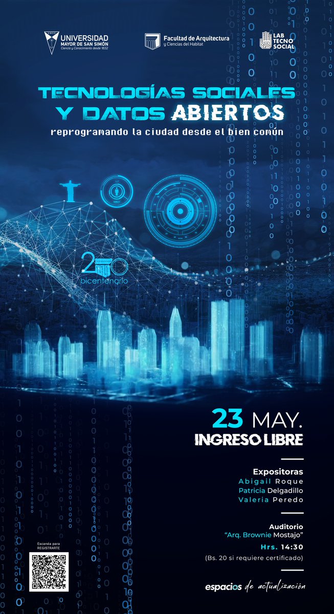 Cordialemente invitados a este evento organizado por la Facultad de Arquitectura y Ciencias del Habitat de la UMSS y el Lab TecnoSocial. Estaremos compartiendo experiencias y reflexiones sobre algunos de nuestros proyectos urbano-digitales en Cochabamba.