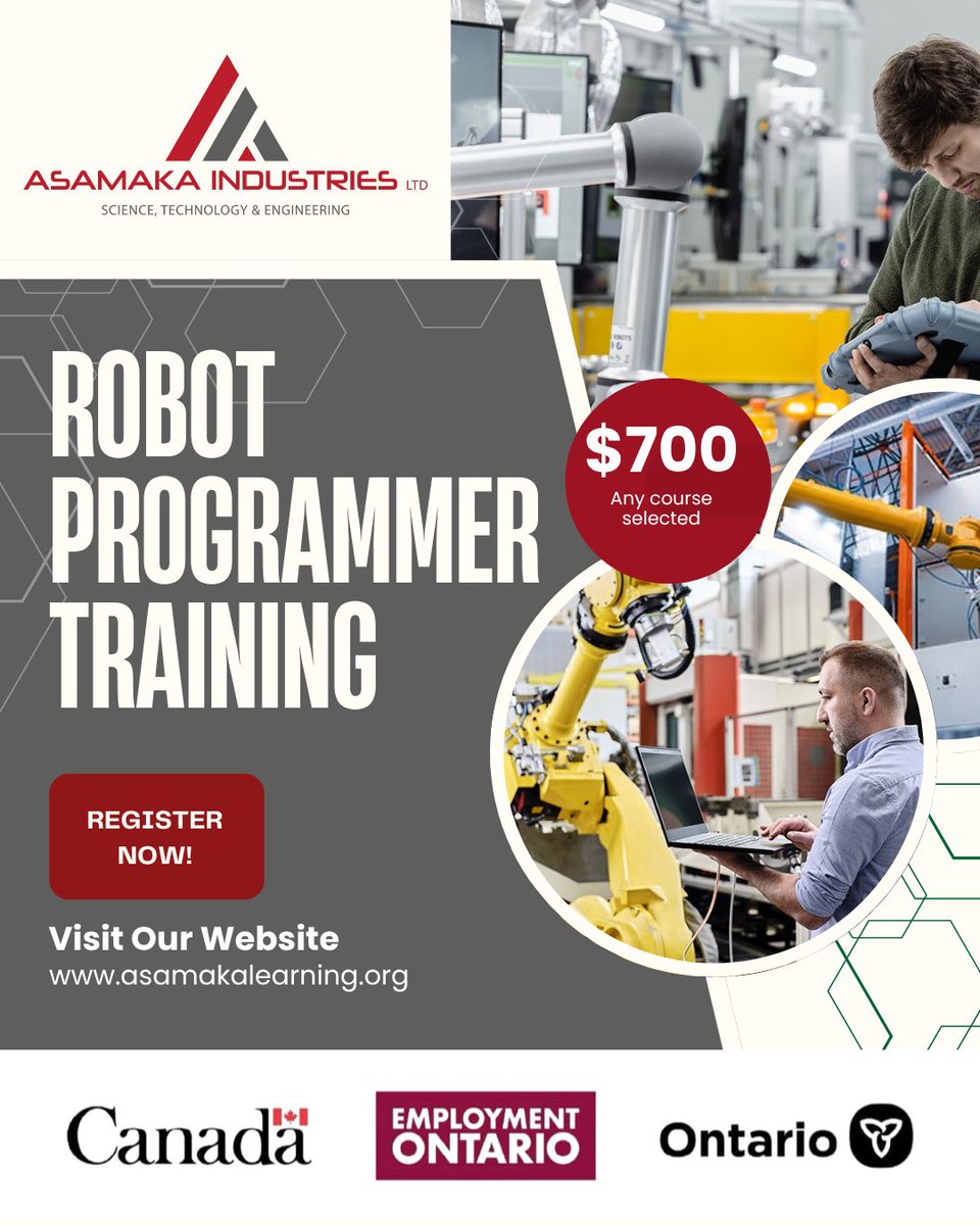 AsamakaIndustry's tweet image. Join our 12-week Robot Programmer Training &amp;amp; master FANUC, ABB, KUKA, &amp;amp; Universal Robots!

✅ Hands-on skills
✅ Certificate Included
✅ Gov’t Supported
Tuition: $700

Enroll now and start your automation career! #RobotProgramming #AutomationTraining #TechCareers #OntarioJobs