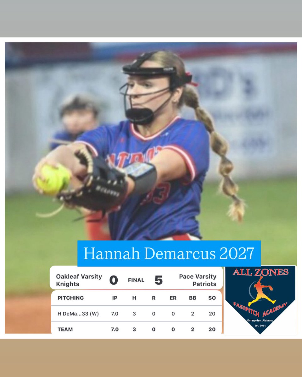 AllZonesFastpitch (@coachoallzones) on Twitter photo Elite 8 bound!!!
Congratulations to Hannah Demarcus (2027 - Impact Taylor 08) on another great outing on the mound to help Pace HS to move onto the Elite 8.
Keep spinning it Hannah… <a href="/HannahDemarcus/">Hannah DeMarcus</a> Elite 8 bound!!!
Congratulations to Hannah Demarcus (2027 - Impact Taylor 08) on another great outing on the mound to help Pace HS to move onto the Elite 8.
Keep spinning it Hannah… <a href="/HannahDemarcus/">Hannah DeMarcus</a>