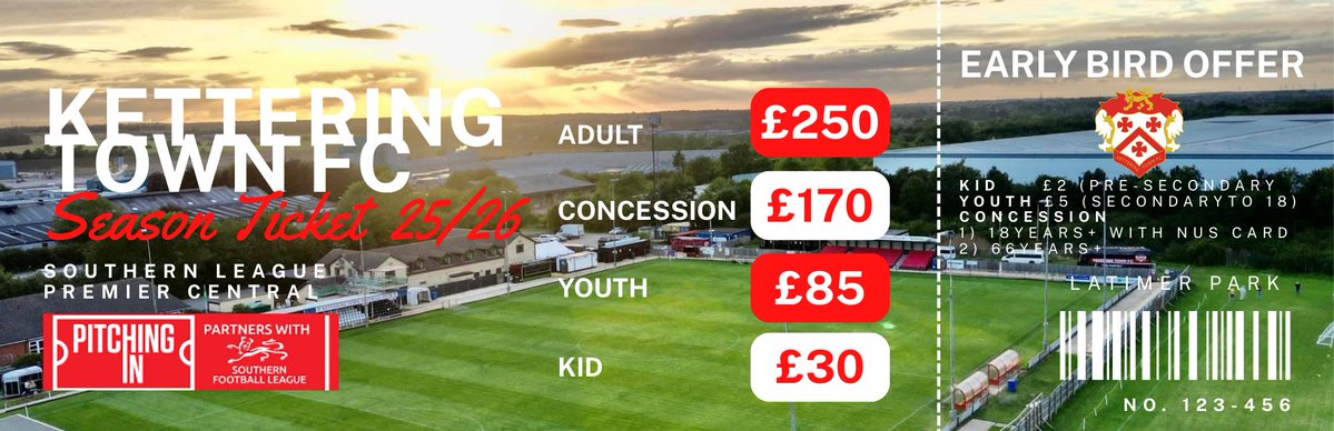 Kettering Town FC (@ktfcofficial) on Twitter photo Early Bird Season Tickets 2025_2026 Sales Tonight
Don't forget its the first in person season ticket sales tonight between 19:00 and 21:00 at the KTFC Social Club.
Don't miss out. See you there!
For further information, please contact info@ketteringtownfc.com #KTFC Early Bird Season Tickets 2025_2026 Sales Tonight
Don't forget its the first in person season ticket sales tonight between 19:00 and 21:00 at the KTFC Social Club.
Don't miss out. See you there!
For further information, please contact info@ketteringtownfc.com #KTFC