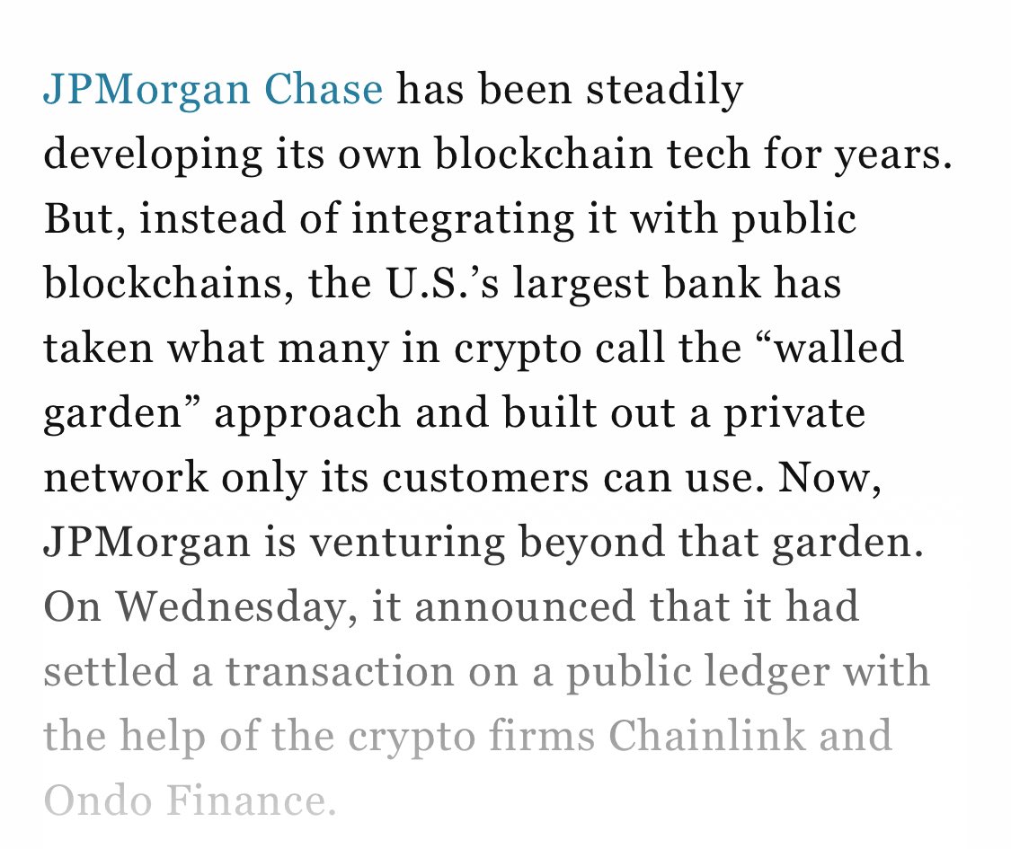 🚨 BREAKING: JPMorgan just settled its first transaction on a public  blockchain. They used Chainlink and Ondo to move tokenised treasuries  outside its private network. $LINK $ONDO 🚀