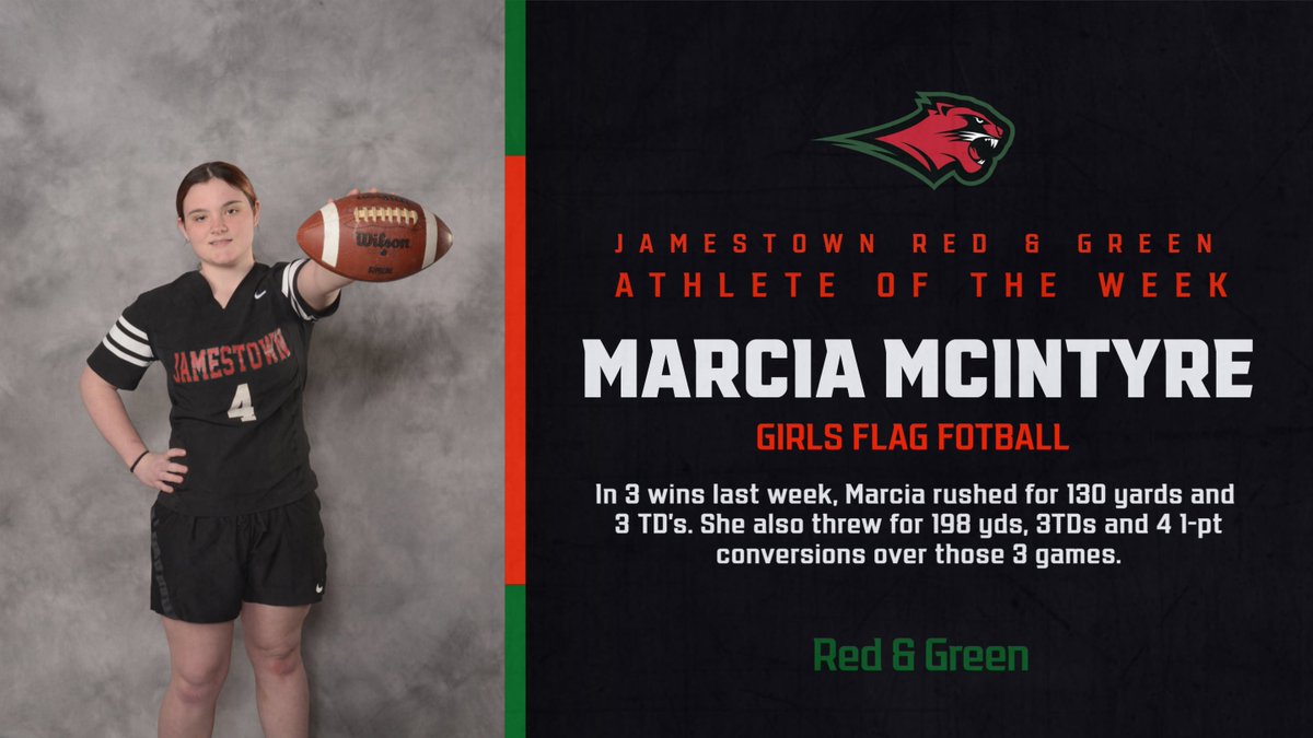 Jamestown Red & Green (@jhsredgreen) on Twitter photo Congratulations to the JHS Athlete of the Week: Marcia McIntyre (girls flag football)!
<a href="/JamestownSchool/">Jamestown Public Schools</a> Congratulations to the JHS Athlete of the Week: Marcia McIntyre (girls flag football)!
<a href="/JamestownSchool/">Jamestown Public Schools</a>