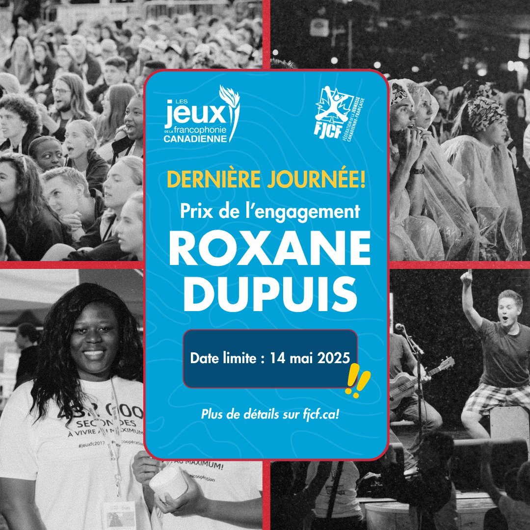 PRIX ROXANE DUPUIS : DERNIÈRE JOURNÉE !

C’est ta dernière chance pour nominer une personne qui rayonne et se démarque par son engagement envers le réseau jeunesse de la francophonie canadienne.

Détails et formulaire: fjcf.ca/2025/04/23/rd-… 

#FJCF #RoxaneDupuis  #JeuxFC2025