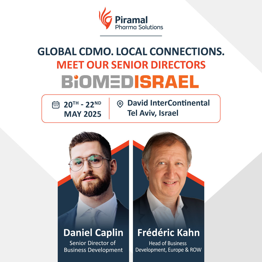 The countdown is on, just 1 week to go until 
#BioMedIsrael 2025! 🇮🇱 

Meet Frédéric Kahn &amp; Daniel Caplin from #PiramalPharmaSolutions in Tel Aviv. 

We’re showcasing our global #CDMO capabilities—end-to-end #DrugDevelopment support.  Let’s connect and accelerate your molecule!