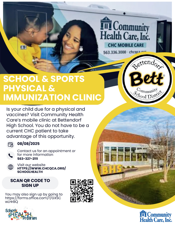Is your child due for a physical or vaccines? 🩺 CHC’s Mobile Clinic is coming to Bettendorf High School on Friday, Aug. 8! You don’t have to be a CHC patient.

📞 Call 563-327-2111
🖥️ Sign up online: bit.ly/4defyKI

#BettPride #SchoolHealth #BettendorfSchools