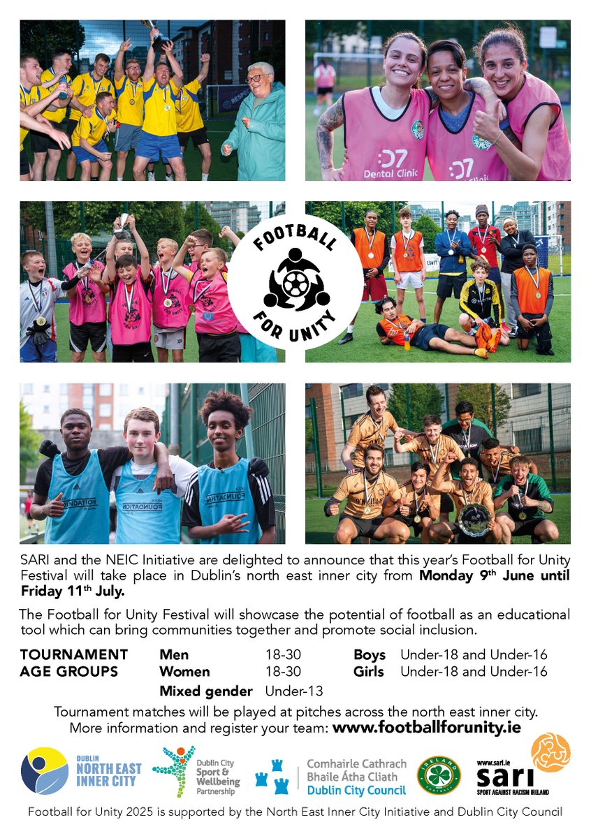 We are thrilled to announce that this year's #FootballforUnity tournaments will take place in Dublin's north east inner city from Monday 9th June  to Friday 11th July <a href="/NEIC_Dublin/">NEIC</a> <a href="/DubCityCouncil/">Dublin City Council</a> <a href="/FAIreland/">FAIreland</a>  More info and team registration footballforunity.ie