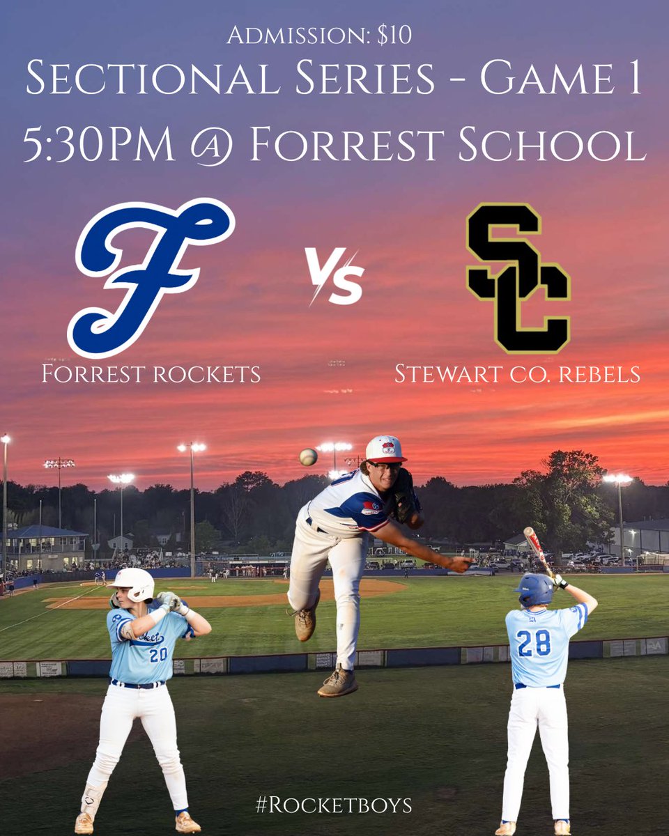 Its Sectional Championship time in Chapel Hill, TN!

Forrest Baseball (22-8) will host the Stewart County Rebels in Game 1 of the best 2 out of 3 series tonight at 5:30 pm. 

Cost of admission is $10, accepted/ approved passes only.

Come out tonight and support the #RocketBoys !