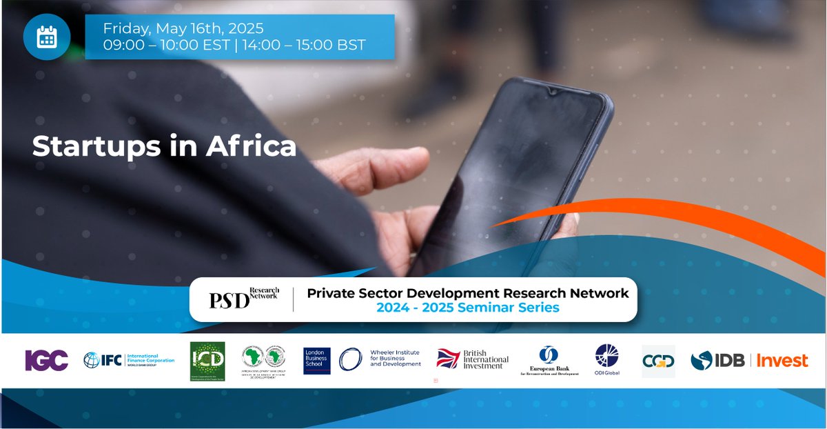🔍 What's driving Africa's startup revolution? Join Dr. Emanuele Colonnelli as he reveals new data on founder characteristics, foreign investment patterns, and insights from a field experiment with <a href="/IFC_org/">IFC</a>! 
🗓️ May 16 | 9-10am EDT | 2-3pm BST
🔗Register: lnkd.in/eU4cvaDA