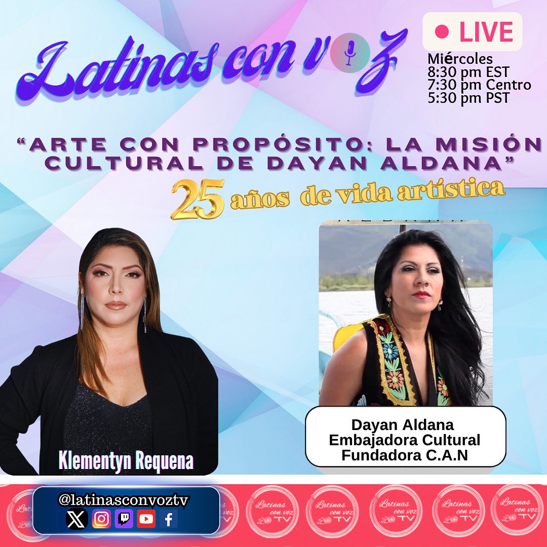 Esta noche en #LatinasConVoz
Klementyn Requena conversa con Dayan Aldana, Embajadora Cultural y fundadora de C.A.N., celebrando 25 años de vida artística.

8:30 PM EST en vivo
youtube.com/@latinasconvoz…

#DayanAldana #ArteConPropósito #OrgulloHispano #MúsicaCriolla #CulturaPeruana