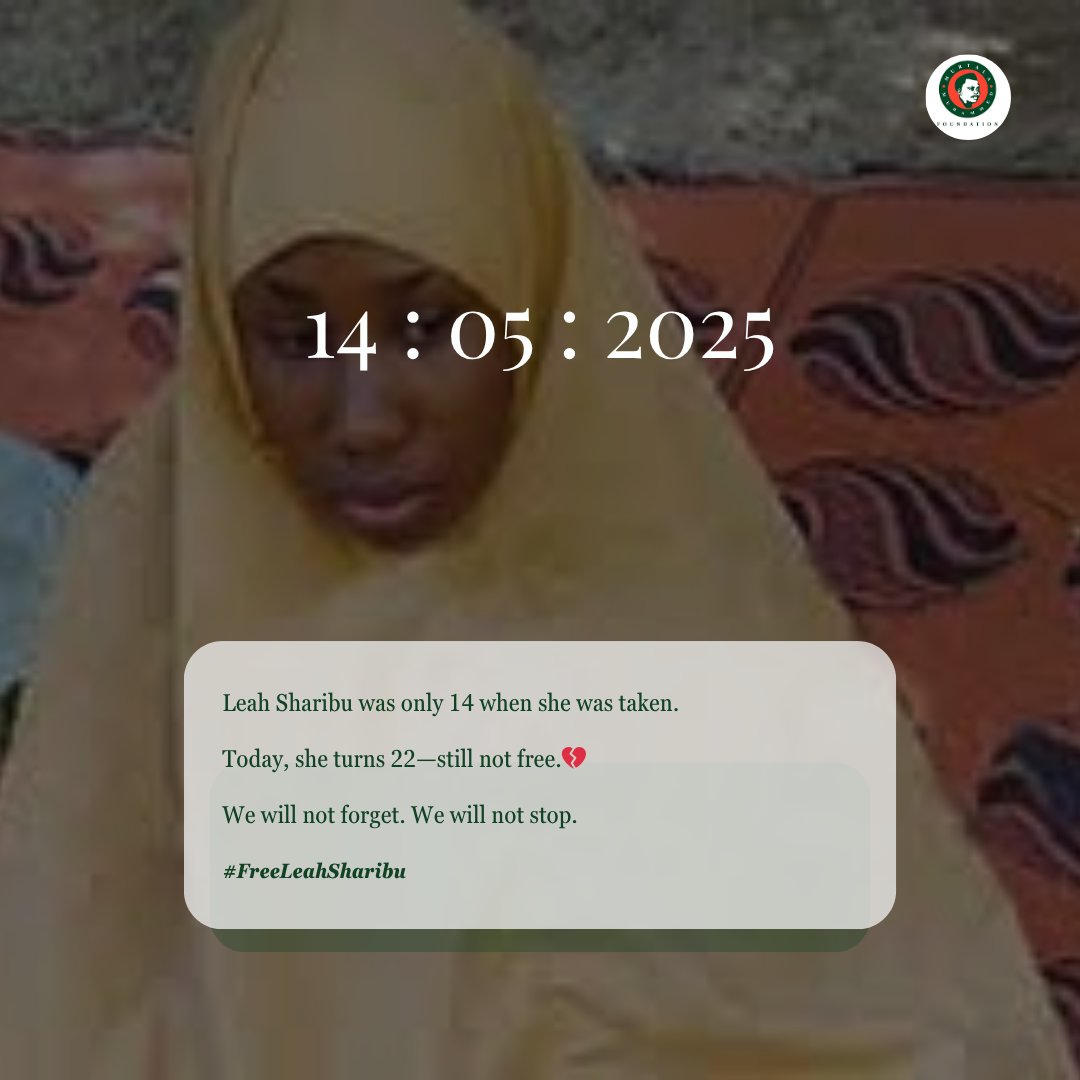 Leah Sharibu turns 22 today.

She’s spent the last 7 birthdays in captivity.
Abducted at 14. Still not free. 💔

We haven't forgotten. We won't be silent.

 #FreeLeahSharibu