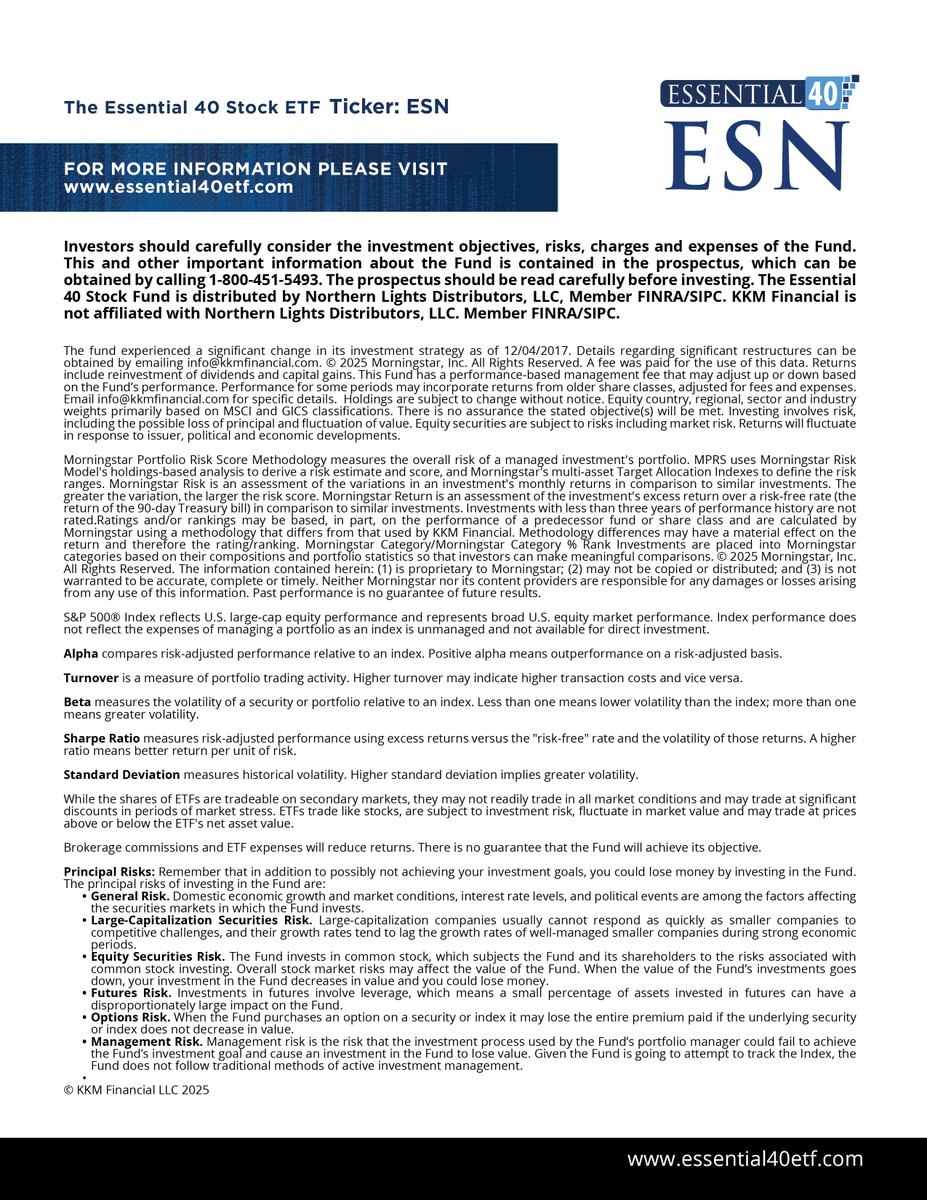 The Essential 40 Stock ETF (symbol: ESN) trades at <a href="/NasdaqExchange/">Nasdaq Exchange</a> Factsheet ⬇️