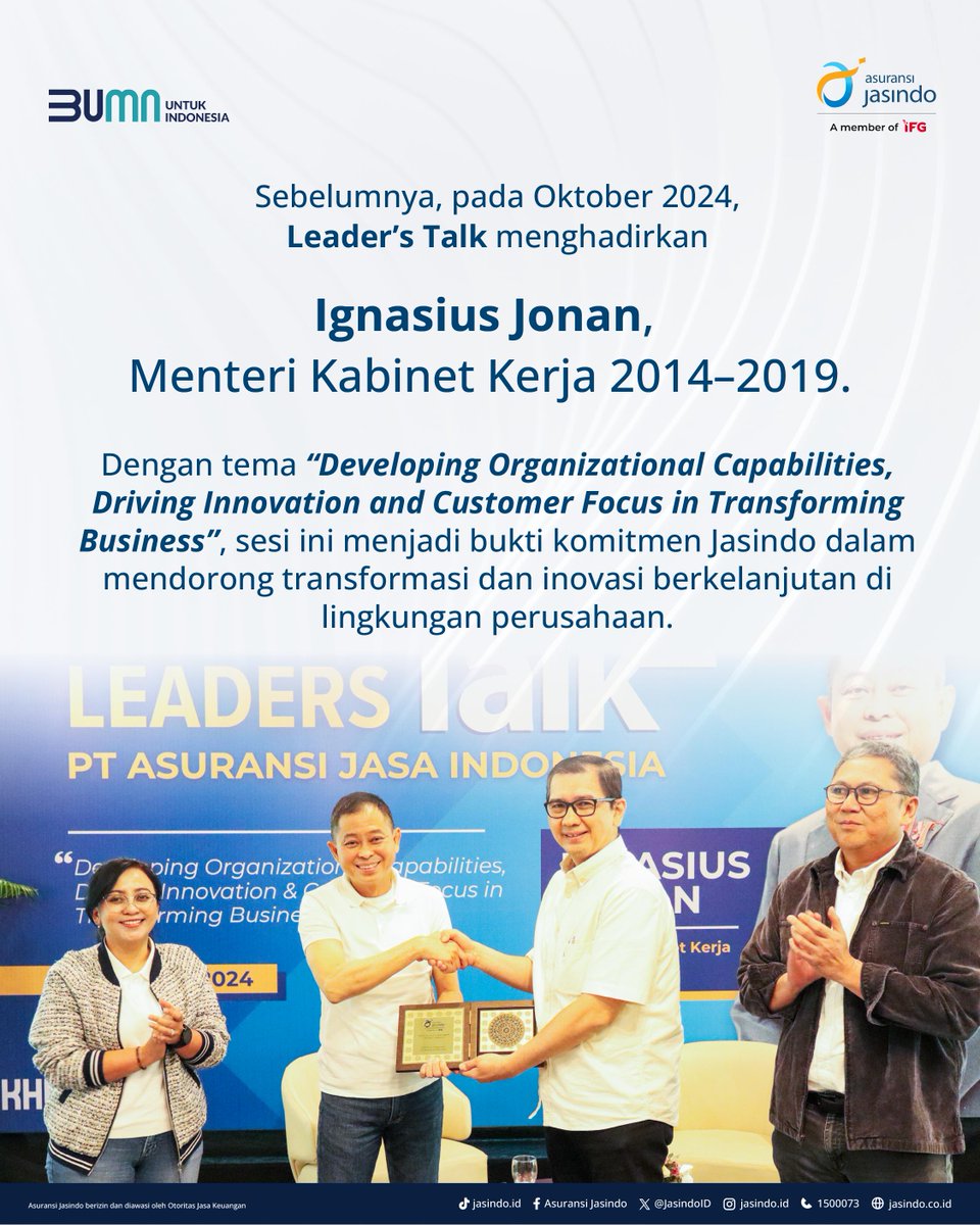 Hai #SobatMindo! 👋

Asuransi Jasindo kembali menggelar Leader’s Talk bertema “Innovative Leadership for Competitiveness and Sustainability” pada Jumat, 9 Mei 2025 di Graha Jasindo 🏢.