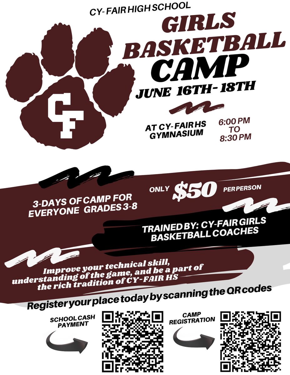Today is a good day to sign up for our camp! On court teaching from our amazing staff, concession stand and did we mention FUN! Each camper will also leave with Cy-Fair camp swag!! #bfnd #RTE