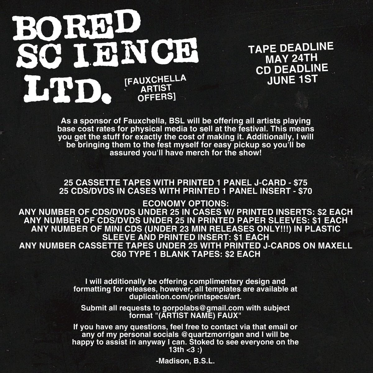 as a sponsor for faux, i will be offering all artists playing base cost physical media to have at the show with additional economy options to make sure everybody has something cool on hand to have at their table. no catches, no bullshit, just shit for what it costs me to make it.
