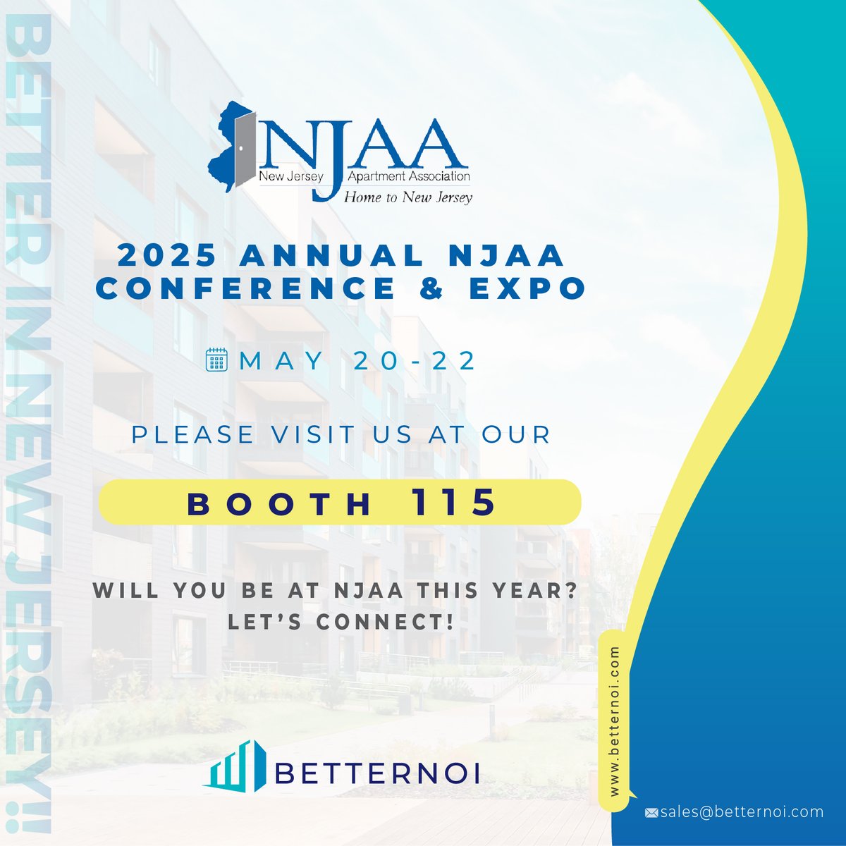 We are Exhibiting at the NJAA 2025 Trade Show! 💫

Will you be attending NJAA 2025 in New Jersey? Let’s connect!

📍 Visit us at Booth #115
🗓️ May 20-22 | New Jersey 

Claudia Saillant 
csaillant@betternoi.com
954.547.0339

#BetterNOI #NJAA #TradeShow #NJAA2025