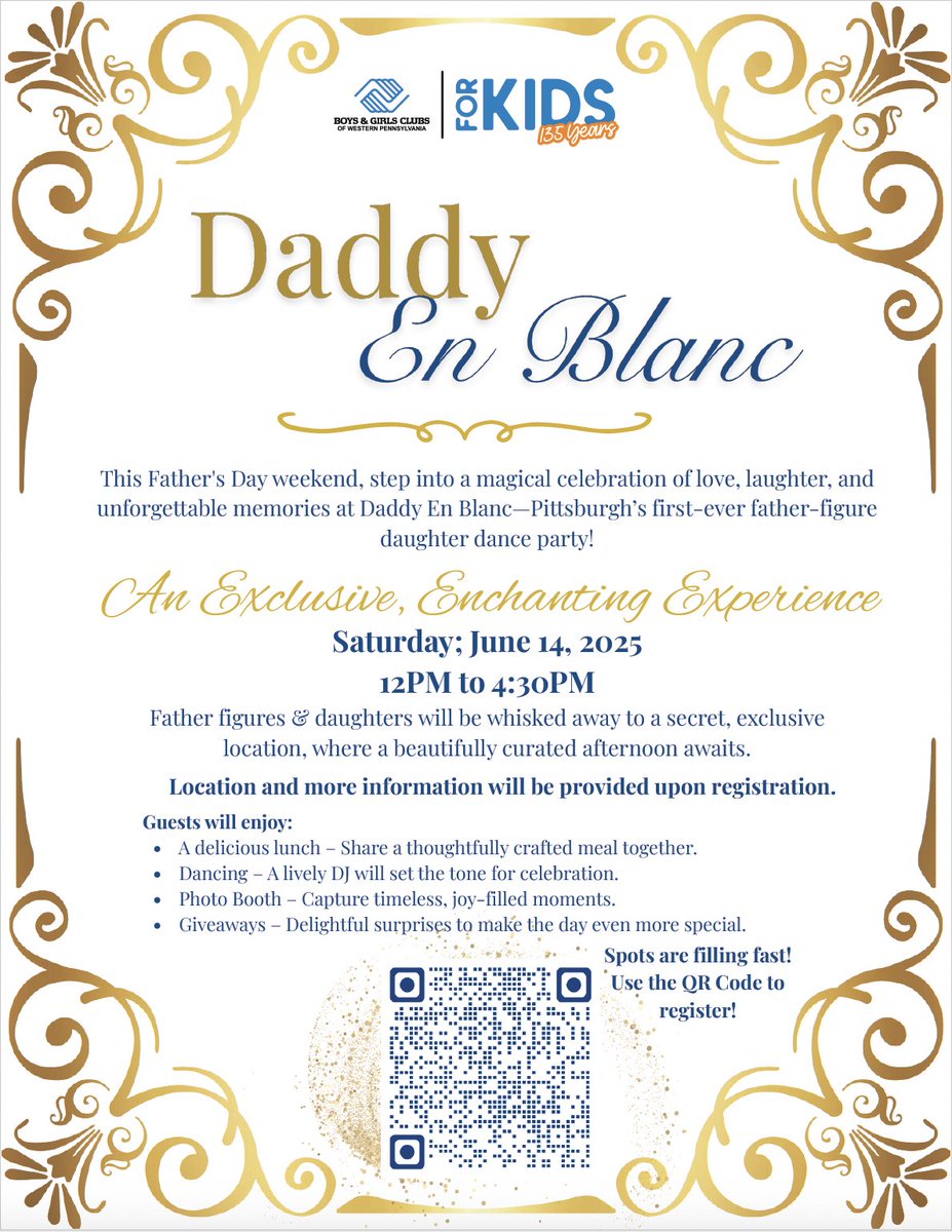 Our friends at the Boys &amp; Girls Club are proud to invite you to Daddy En Blanc, a father-figure-daughter dance party on June 14. Use the provided link to register for a fun day of dancing, food, giveaways, and community. fundraise.givesmart.com/e/-Hrwgw?vid=1…