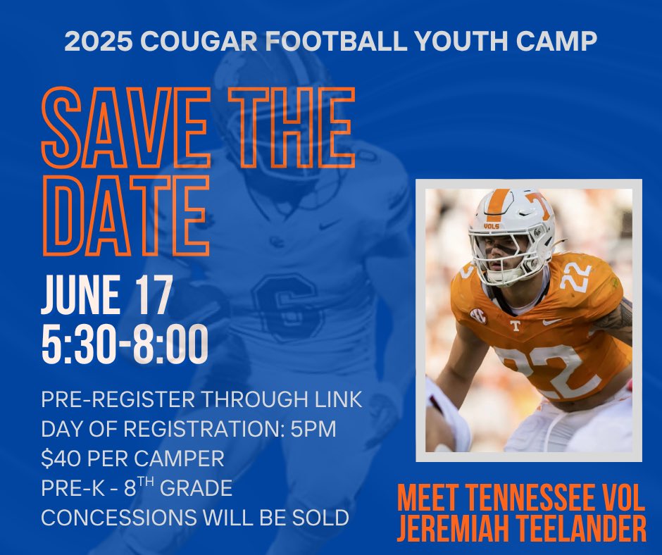 🏈🐾 Kids Camp! 🐾🏈

📍: The Hill
📆: Tuesday, June 17
⏰: Registration at 5 | Camp 5:30-8:00
🐾: Pre-register through link below
🏈: Special appearance by Tennessee Vol Jeremiah Teelander!

Link to pre-register: forms.gle/3GpKgwVKsYoAHq…