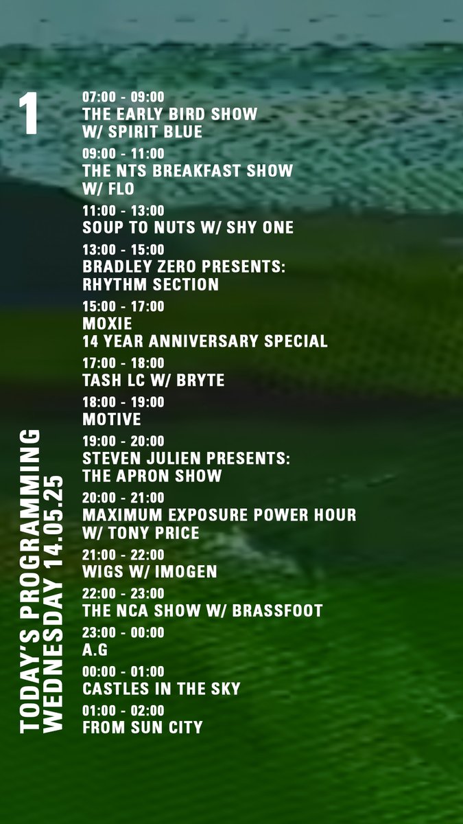 today on nts.live/1
<a href="/DJMoxie/">DJ Moxie</a> <a href="/TheoMotive/">Theo / Motive</a> <a href="/StevenJulien808/">Steven Julien</a> <a href="/Brassfoot/">Brassfoot</a> <a href="/from_sun_city/">fromsuncity</a>