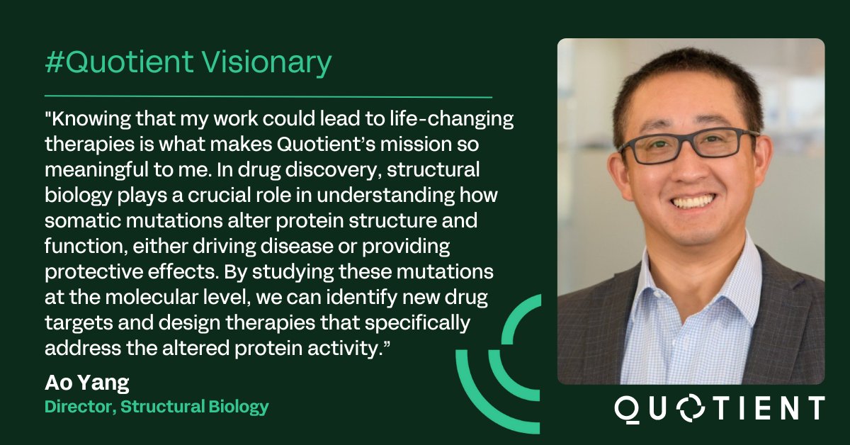 QuotientTx's tweet image. We're continually inspired by the talent and dedication of our team at Quotient. As our Director of Structural Biology, Ao Yang, exemplifies this through a deep passion for studying #SomaticMutations at the molecular level to identify new drug targets. #QuotientVisionary