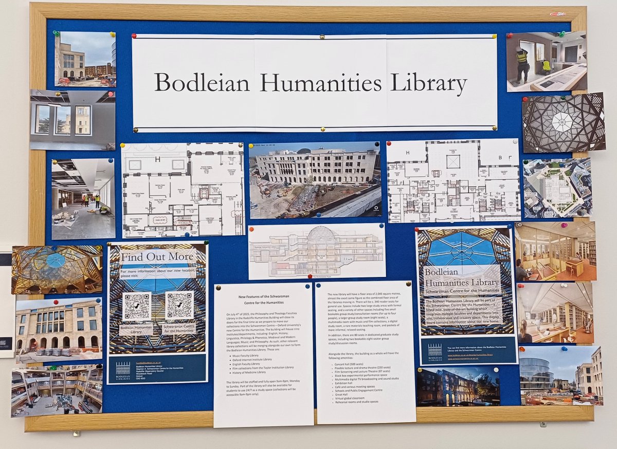 PTFLOxford's tweet image. Curious about the new Bodleian Humanities Library? Here are some fun facts!
🕘 Open 9am-9pm, Monday-Sunday
📏 2,046 square meters
🪑 c.340 reader seats
📖 8 group study rooms
📽️ Multimedia room
Find out more on our new display board or on our website: bodleian.ox.ac.uk/libraries/huma…