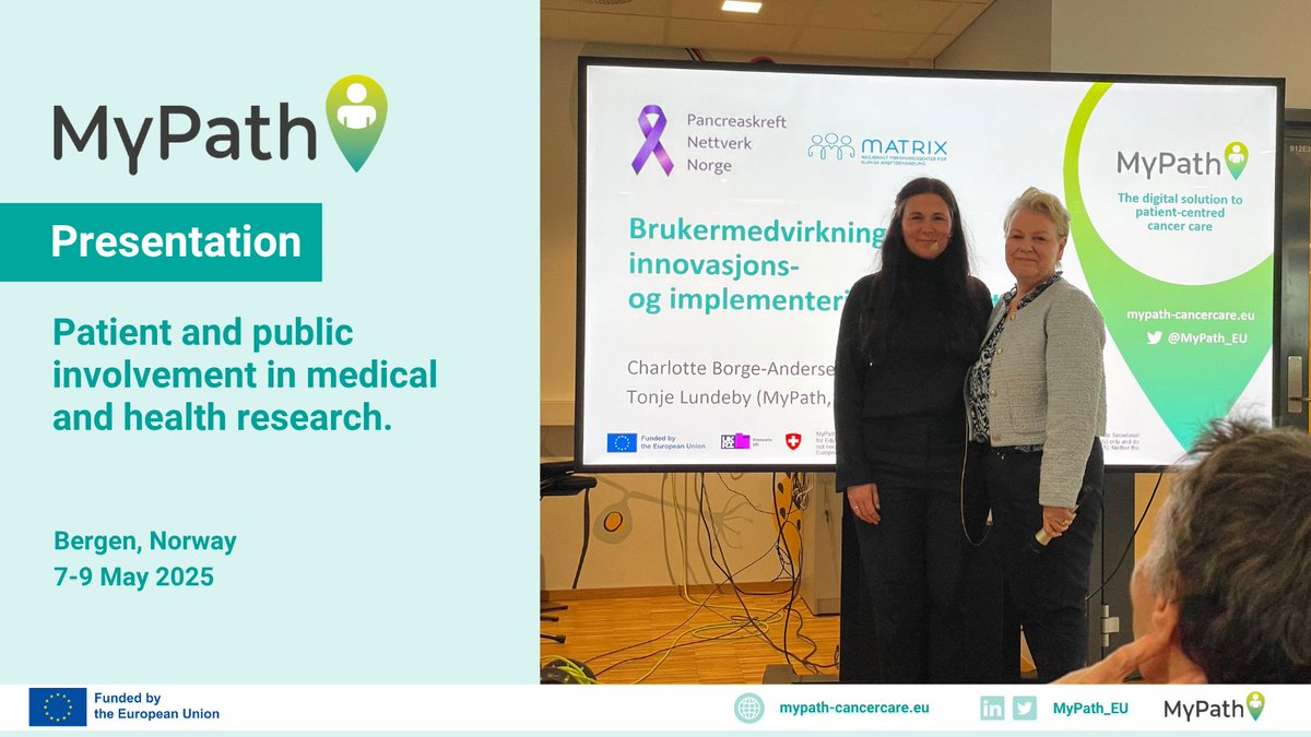 🎤 MyPath was presented at the national course on Patient &amp; Public Involvement in Health Research by Tonje Lundeby (OUS) &amp; Charlotte Borge-Andersen (PKNN). They shared insights on meaningful user engagement in cancer care.
📖 Read more: mypath-cancercare.eu/2025/05/14/myp… 
#PPI #MyPath