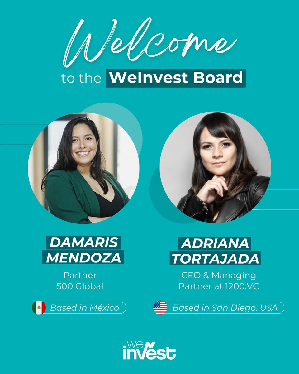 WeInvest Latam (@weinvest4) on Twitter photo 🚀 Big news! WeInvest Latam renews its Board & welcomes:
👩💼 Adriana Tortajada (1200vc) <a href="/Atortajada/">Adriana Tortajada</a>
👩💼 Damaris Mendoza Loera (500 Global) <a href="/damarismendozal/">Damaris Mendoza Loera</a>
Both long-time ambassadors, now stepping up to keep amplifying women’s leadership in VC across LATAM 🌎✨ 🚀 Big news! WeInvest Latam renews its Board & welcomes:
👩💼 Adriana Tortajada (1200vc) <a href="/Atortajada/">Adriana Tortajada</a>
👩💼 Damaris Mendoza Loera (500 Global) <a href="/damarismendozal/">Damaris Mendoza Loera</a>
Both long-time ambassadors, now stepping up to keep amplifying women’s leadership in VC across LATAM 🌎✨