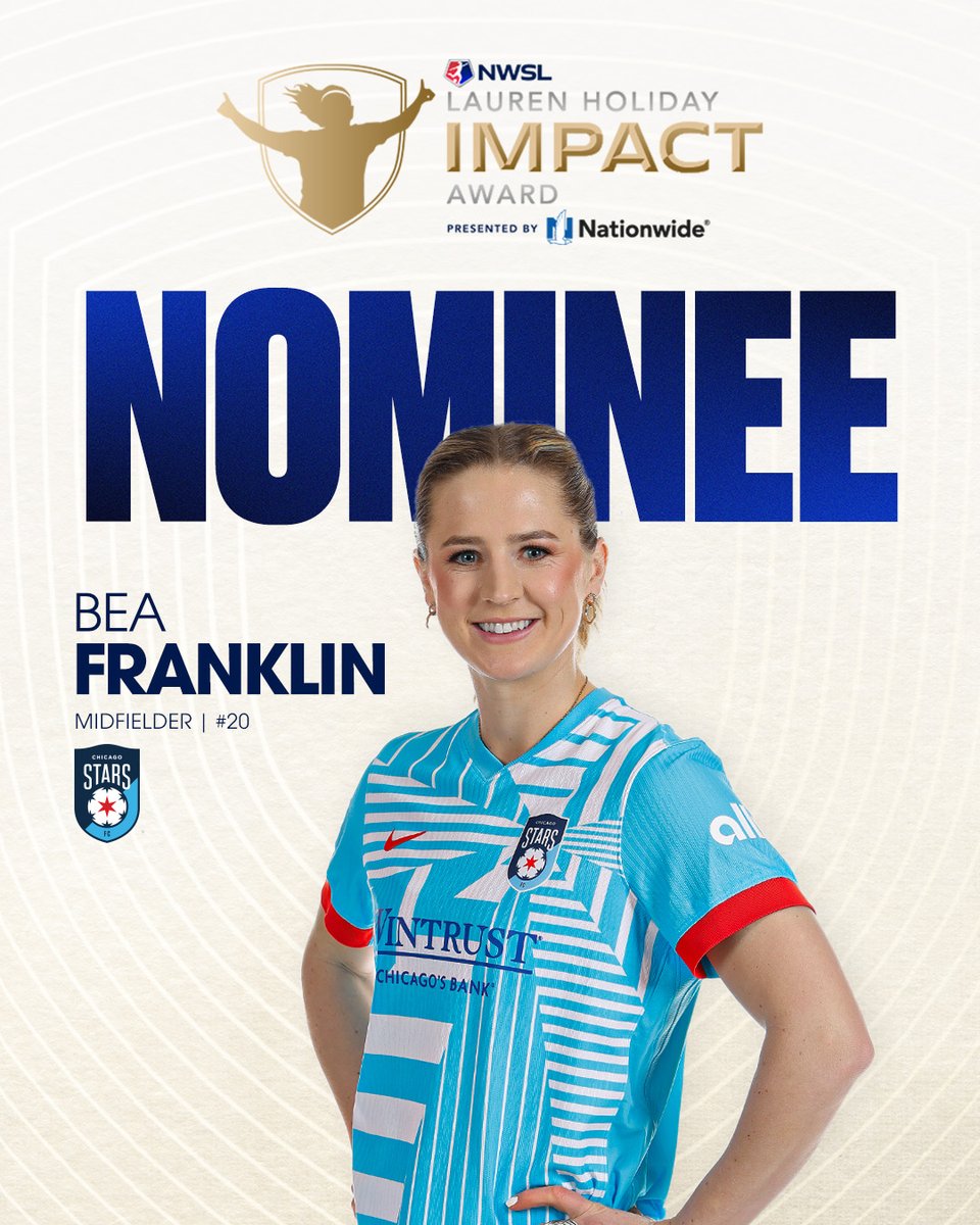 theChicagoStars's tweet image. Bea Franklin is Chicago Stars FC’s nominee for the 2025 Lauren Holiday Impact Award, presented by @Nationwide, which honors players who lead with purpose off the pitch.

Her dedication to youth, equity, &amp;amp; access in our city defines what it means to be a true leader off the…
