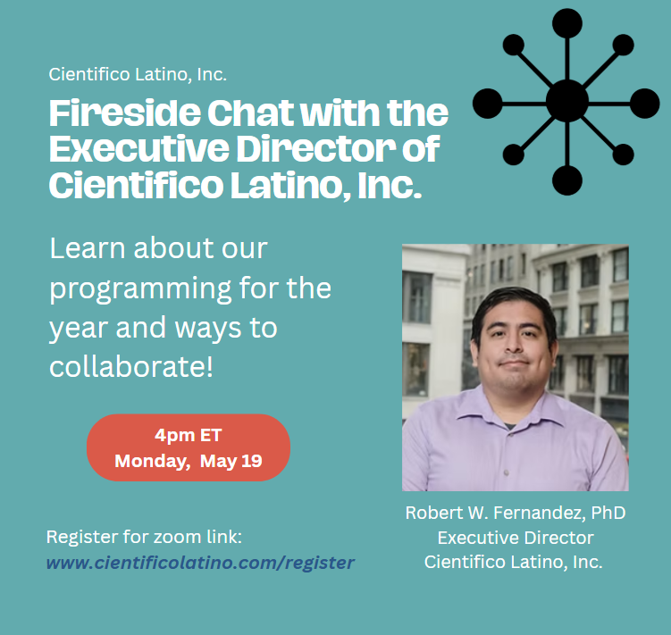 Cientifico Latino, Inc. (@cientificolatin) on Twitter photo Join us for a webinar with Executive Director of Cientifico Latino, Inc. (<a href="/latinodeciencia/">Dr. Robert W. Fernandez</a>) to learn about our programming for the year, partnerships, and ways to collaborate to uplift the next generation of scientists 🚀
When: 4pm ET on 5/19
Register: cientificolatino.com/register Join us for a webinar with Executive Director of Cientifico Latino, Inc. (<a href="/latinodeciencia/">Dr. Robert W. Fernandez</a>) to learn about our programming for the year, partnerships, and ways to collaborate to uplift the next generation of scientists 🚀
When: 4pm ET on 5/19
Register: cientificolatino.com/register