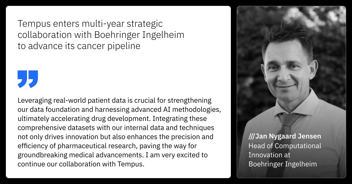 Tempus (@tempusai) on Twitter photo We’re pleased to share a new, multi-year collaboration with <a href="/Boehringer/">Boehringer Ingelheim</a> that aims to use data and AI to guide biomarker development and patient stratification, develop drug combination hypotheses, support novel target discovery efforts, and more. Learn more: We’re pleased to share a new, multi-year collaboration with <a href="/Boehringer/">Boehringer Ingelheim</a> that aims to use data and AI to guide biomarker development and patient stratification, develop drug combination hypotheses, support novel target discovery efforts, and more. Learn more: