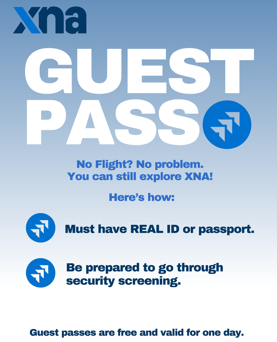 No boarding pass? No problem. But don’t forget your REAL ID or passport!
XNA guest passes let you explore beyond the checkpoint without booking a flight.  Just make sure you’re REAL ID compliant and ready for screening.

Passes are free and valid for one day!