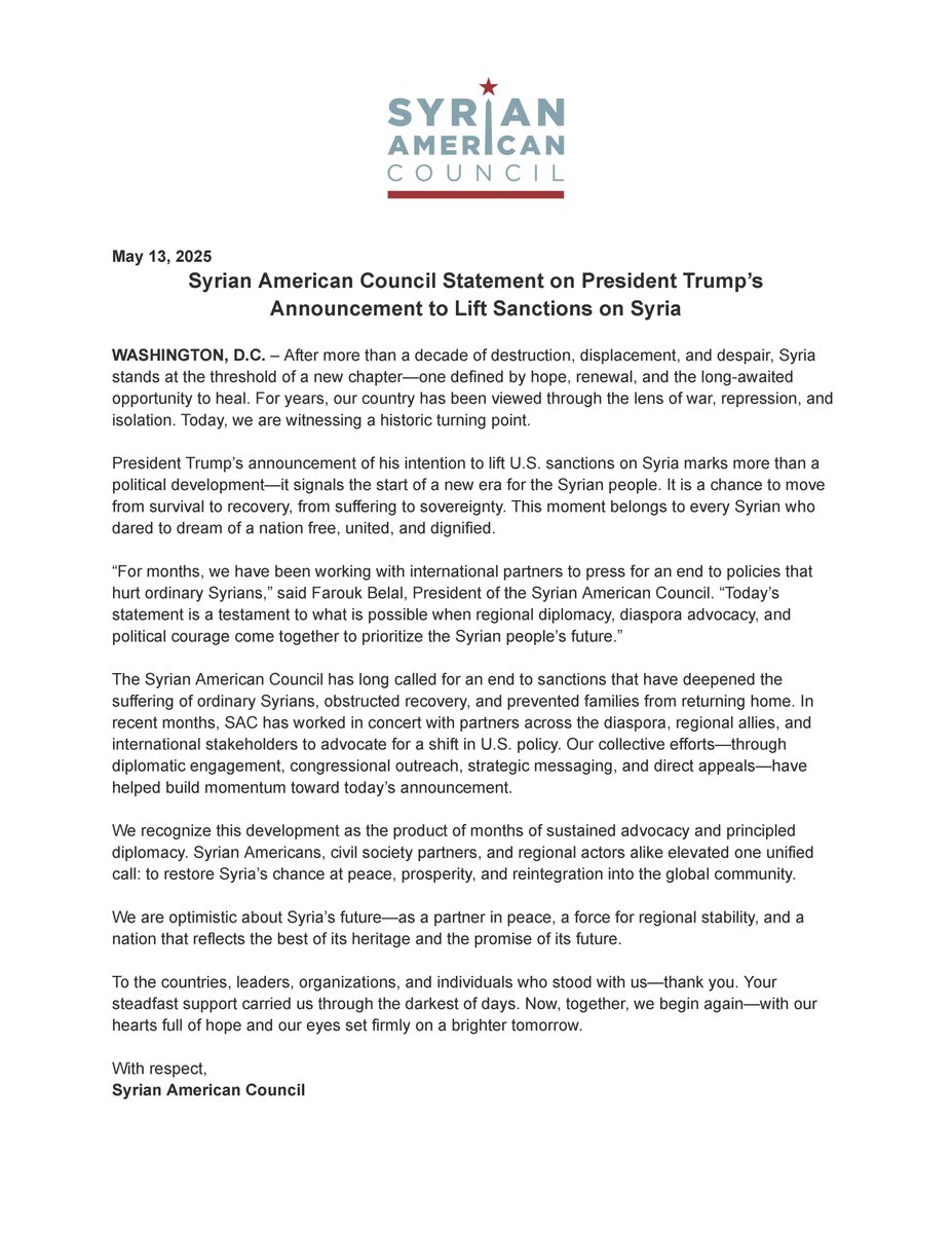 BeFarouk's tweet image. Syrian American Council statement on @POTUS Announcement to Lift Sanctions on Syria.
“For months, we have been working with international partners to press for an end to policies that hurt ordinary Syrians,” said Farouk Belal, President of the Syrian American Council. “Today’s…