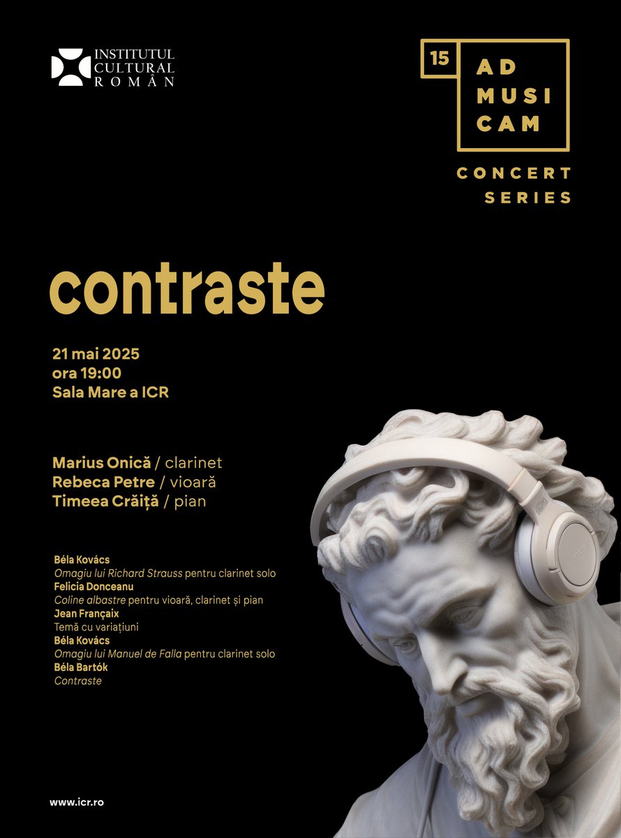 ICR continuă programul AdMusicam cu ediția #15: „Contraste”– un recital al diversității expresive. Înaintea concertului AdMusicam, miercuri, 21 mai, de la ora 18:15, va fi organizat un tur ghidat al expoziției „Graphic Highlights” din cadrul RDW. Info: shorturl.at/184wU
