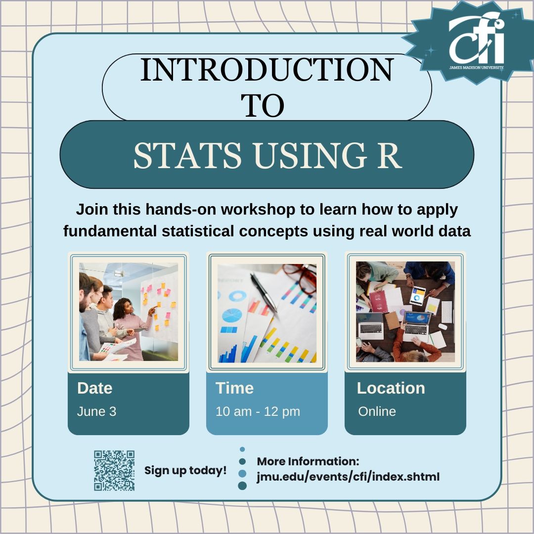 This hands-on workshop will cover exploratory data analysis, descriptive statistics and basic inferential statistics (e.g., t-tests, chi-squared, simple regression). 

Please register by May 28 in order to attend! More information can be found here: jmu.edu/events/cfi/202…