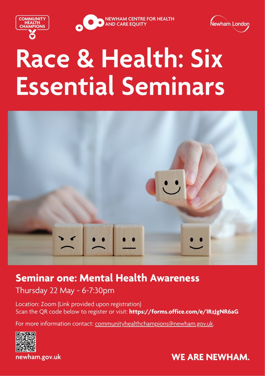 Newham's Race Equality Forum and Public Health Team are working together to run a range of health-related seminars. 

Check out their first one on #mentalhealth awareness on Thursday, 22nd May, 6-7:30 pm (Online).

Find out more: forms.office.com/e/1RzJgNR6aG

#Newham #Health