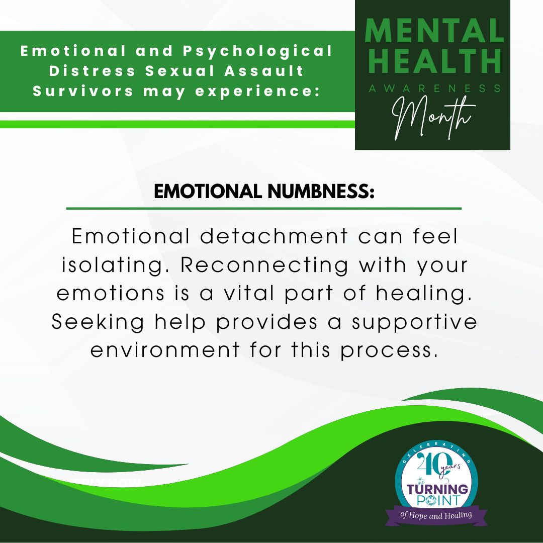 TurningPointRCC's tweet image. Emotional numbness can be a barrier to healing after sexual assault. This #MHAM, our blog "Finding Your Voice" offers insights. Link in thread. #CopingWithTrauma #MentalHealthAwarenessMonth