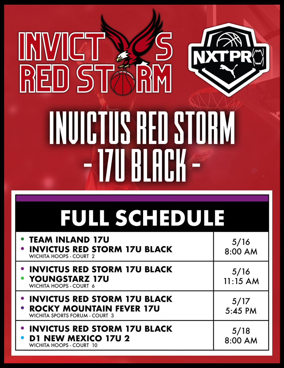 The Invictus Red Storm (@letsgoredstorm) on Twitter photo 17u’s schedule set for live period in Wichita, KS 📍. College coaches come check out our squads! <a href="/NxtProHoops/">NXTPRO Hoops</a> <a href="/PRO16League/">PRO16/NXTPRO League</a> <a href="/PUMAHoops/">PUMA Basketball</a>
<a href="/Coachwwarren/">Willie Warren</a>
<a href="/JohnRed44092805/">🏀INVICTUS MOTIVATION 🏀</a>
<a href="/Eckermann3019/">Rob Eckermann</a>
<a href="/11SeriesBass/">11SeriesBass</a>
<a href="/BallSoHardSS/">Ball So Hard</a>
<a href="/djones8301/">Doug Jones</a>
<a href="/bigsloan32/">Marcus Sloan</a>
<a href="/EthanPiechota/">Ethan Piechota</a>
<a href="/CoachKhalilS/">Khalil Shakir 🏀</a> 17u’s schedule set for live period in Wichita, KS 📍. College coaches come check out our squads! <a href="/NxtProHoops/">NXTPRO Hoops</a> <a href="/PRO16League/">PRO16/NXTPRO League</a> <a href="/PUMAHoops/">PUMA Basketball</a>
<a href="/Coachwwarren/">Willie Warren</a>
<a href="/JohnRed44092805/">🏀INVICTUS MOTIVATION 🏀</a>
<a href="/Eckermann3019/">Rob Eckermann</a>
<a href="/11SeriesBass/">11SeriesBass</a>
<a href="/BallSoHardSS/">Ball So Hard</a>
<a href="/djones8301/">Doug Jones</a>
<a href="/bigsloan32/">Marcus Sloan</a>
<a href="/EthanPiechota/">Ethan Piechota</a>
<a href="/CoachKhalilS/">Khalil Shakir 🏀</a>